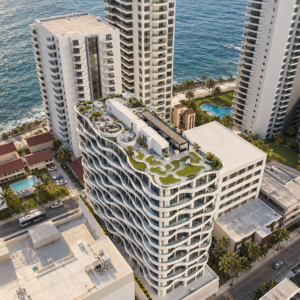Render aéreo de la torre Maré en la Zona Dorada de Mazatlán