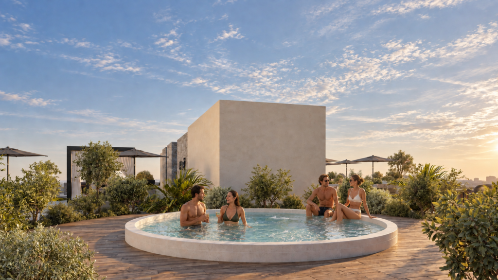 Render del jacuzzi en el rooftop de Maré