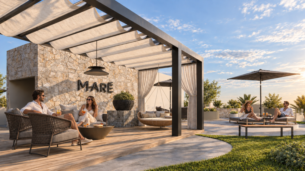 Render del roof garden de Maré con pérgola y lounge