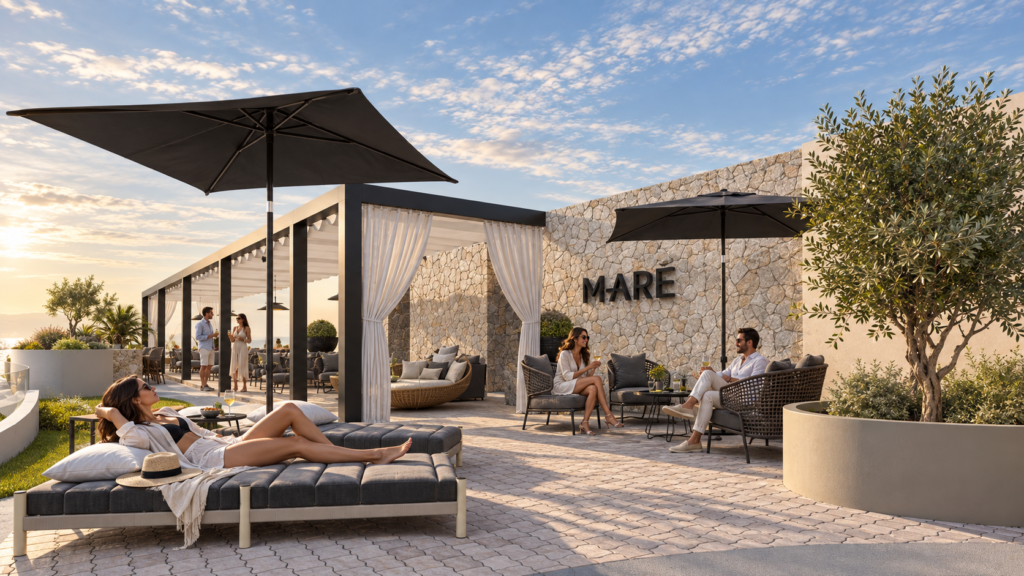 Render del roof garden de Maré con camastros y sombrillas