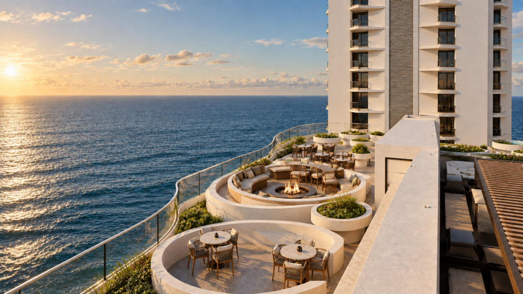 Render de la terraza con vista al mar de Maré al atardecer